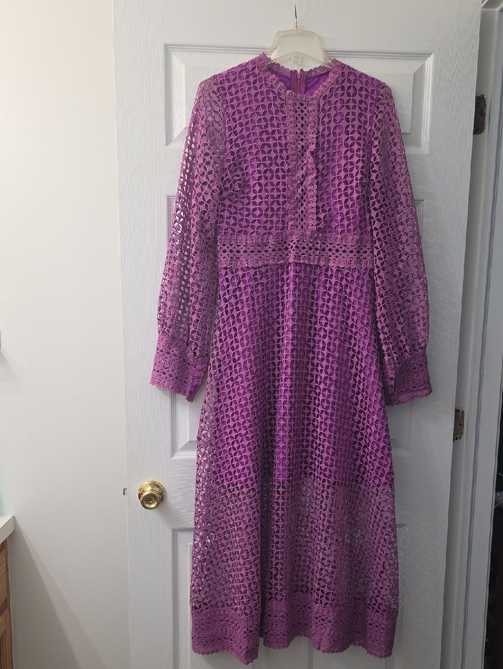 Purple Lace Long-Sleeve Midi Dress